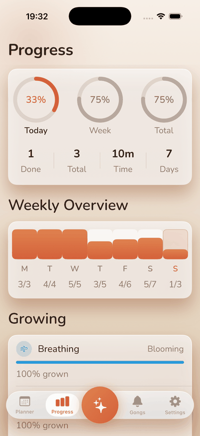 Vivana progress screen showing the Grow ring